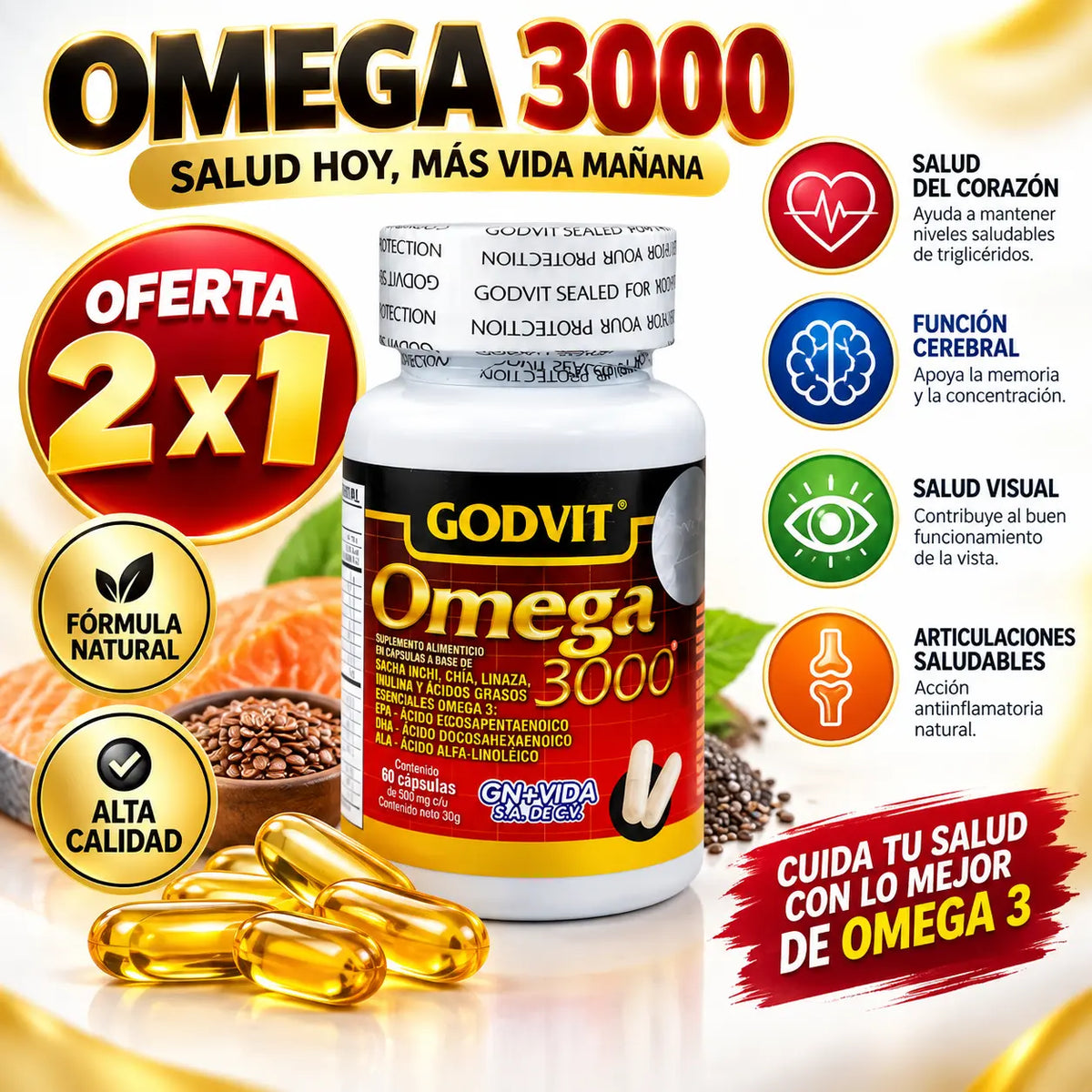 Suplememto Omega 3000 60 cap 2 x 1