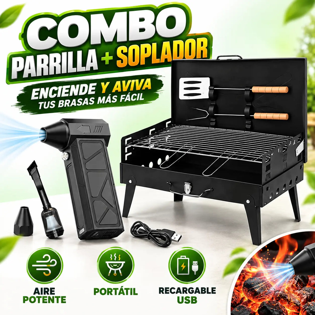 Parrilla Portátil + Soplador de Aire