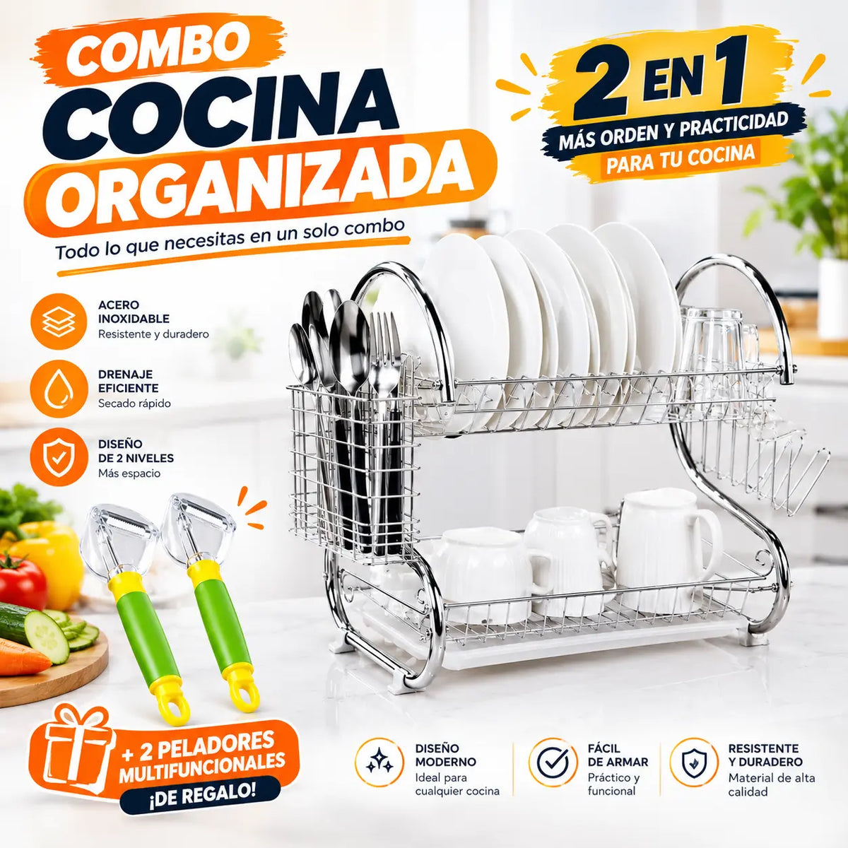 Escurridor Platos 2 Niveles Y 2 Pelador