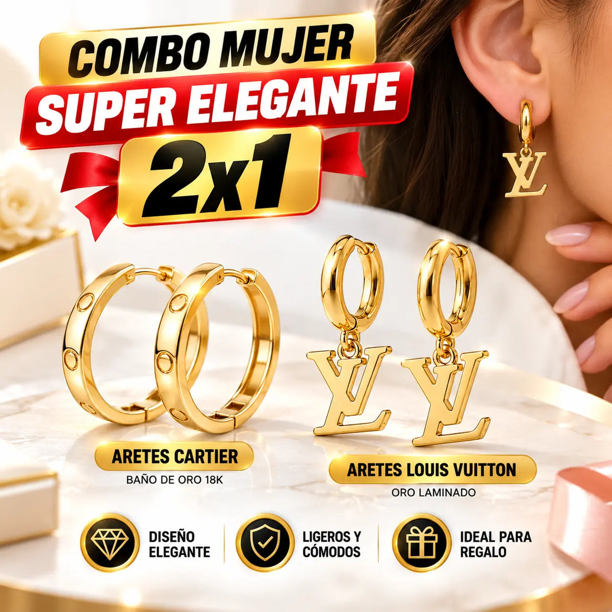 Aretes cartier baño Oro 18k y aretes oro laminado LV