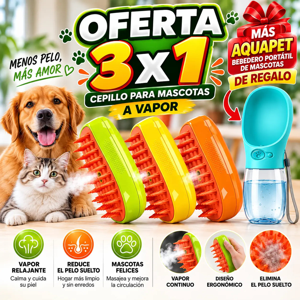 CEPILLO PARA MASCOTAS A VAPOR OFERTA 3X1
